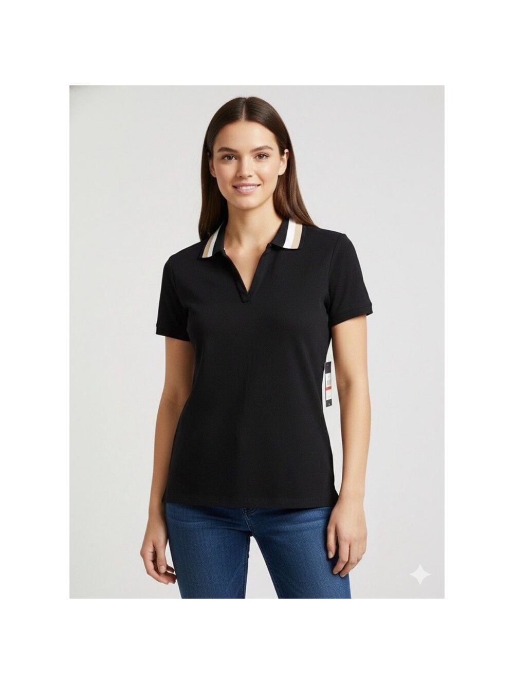 Tommy Hilfiger Black Polo Top with Cream-Trim Collar S
